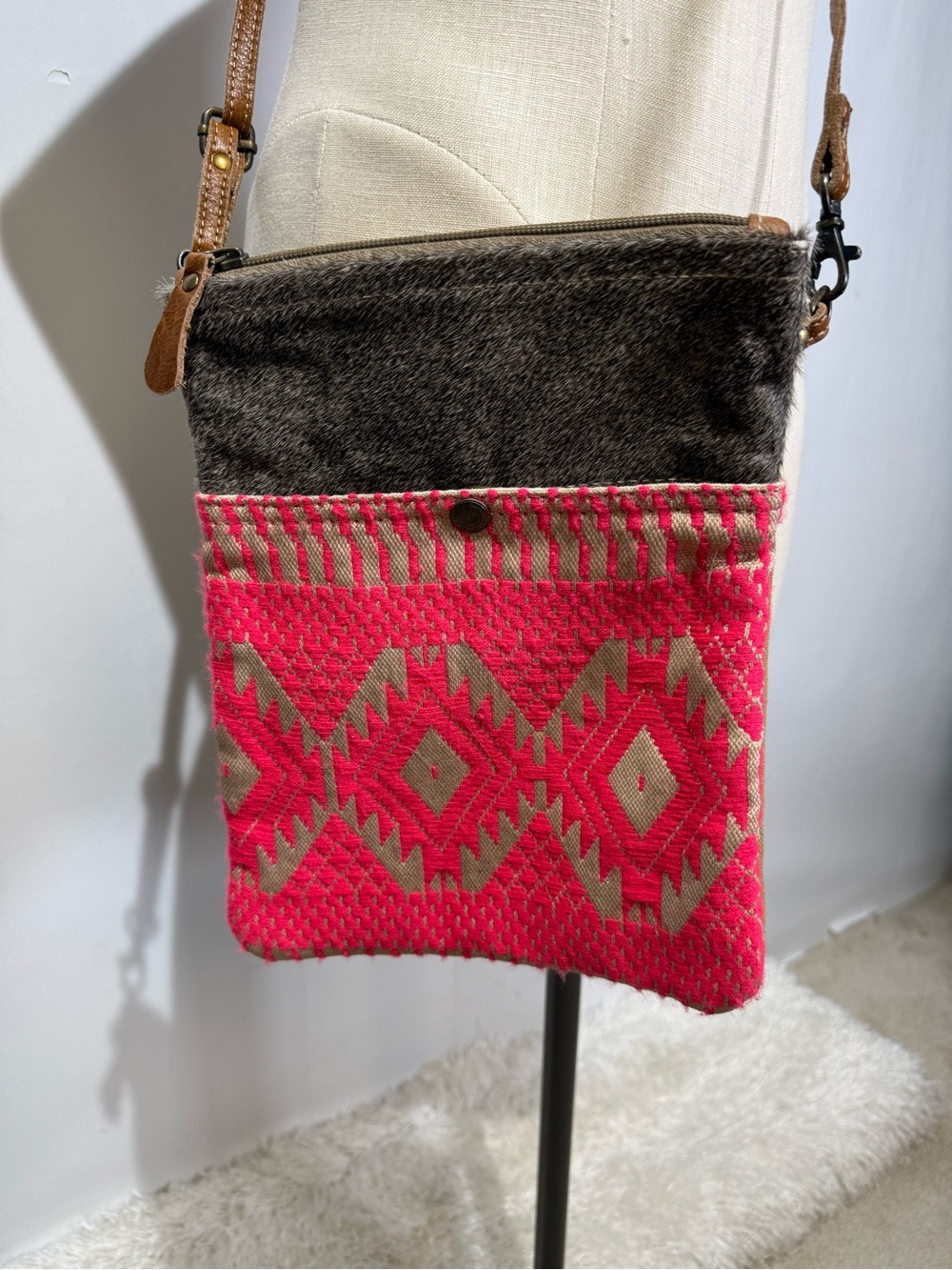 Myra bag Handwoven Pink & Brown Crossbody Bag - Boho Aztec Design